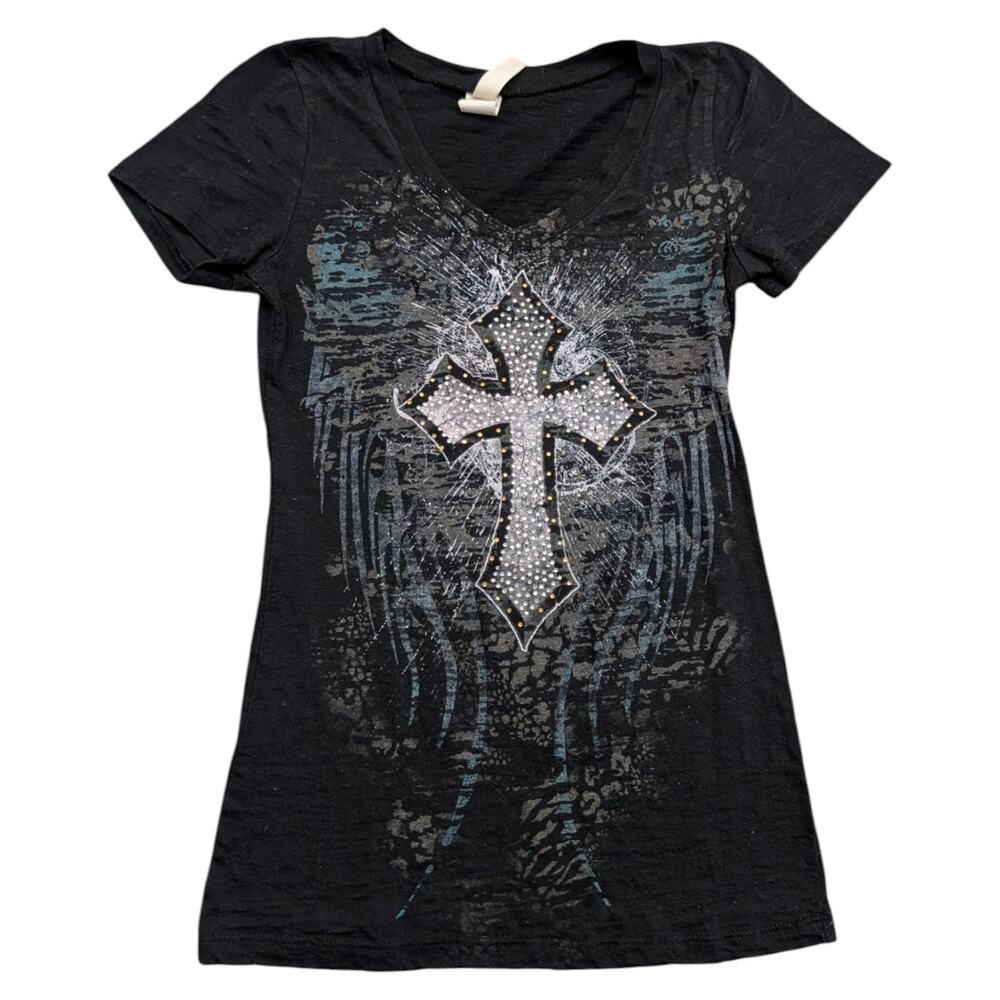 Y2K Women's Gothic Rhinestoned Cross Graphic V-neck Shirt